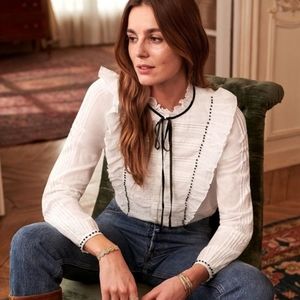 Sezane White and Black Ruffle Blouse